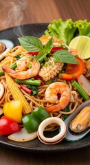 Delicious Seafood Spaghetti Dish with Fresh Vegetables and Herbs.