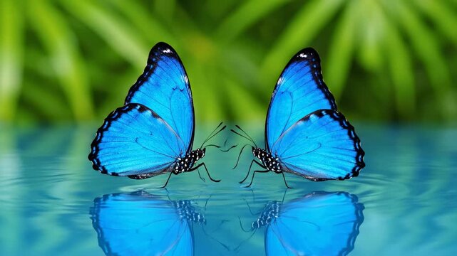 Blue Morpho Butterflies at Water's Edge - Two vibrant blue morpho butterflies delicately touch the surface of a calm body of water, their reflections mirrored below.