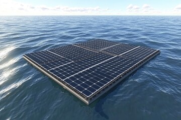 Floating solar panels on tranquil ocean