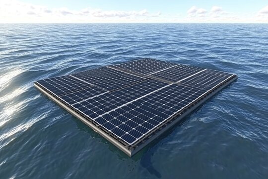 Floating solar panels on tranquil ocean