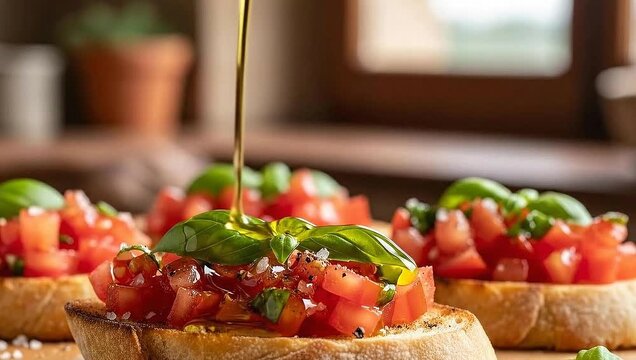 A close-up of bruschetta topped with diced tomatoes, basil, spices, and olive oil being drizzled