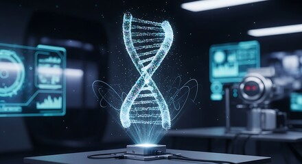 DNA Hologram in Futuristic Lab - Genetic Research and Technological Advancement.