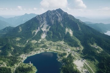 Alpine mountain range with lake and village nestled in valley