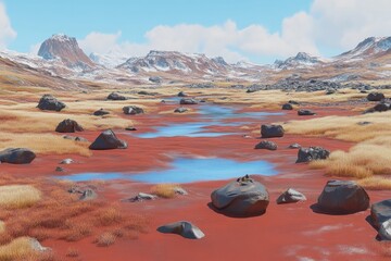 Reddish-toned, mountainous landscape with a stream