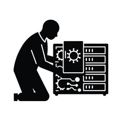 IT Technician Restoring System After Cyber Attack Vector Silhouette On White Background  