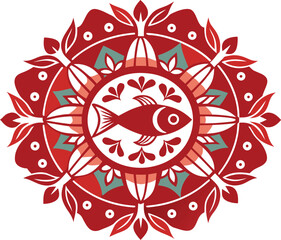 Traditional red mandala design with a central fish motif