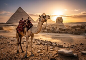 Camel at Giza Pyramids - A Timeless Egyptian Landscape at Sunset.