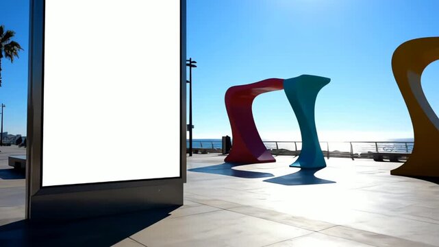 Vertical Digital Billboard Mockup on Sunny Seaside Promenade with Abstract Art and Ocean View