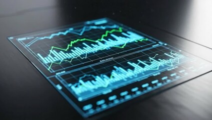 A futuristic data interface displays financial analysis data, trends, and charts in shades of teal and green - Powered by Adobe