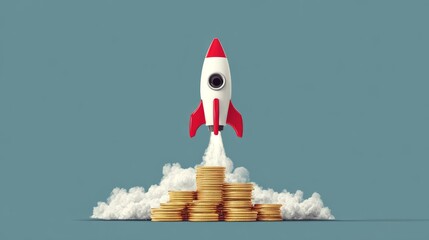 Flat graphic of rocket launch powered by coin, creative concept symbolizing high financial returns and business progress