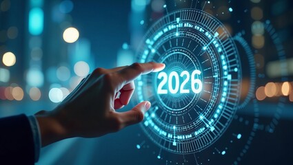 New year 2026 technology and future business planning concept with hand touching a futuristic holographic interface