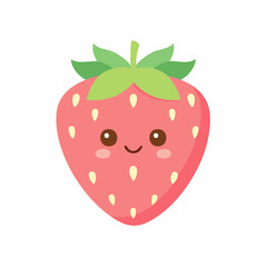 Obraz premium Cute strawberry with a happy face and green leaves.