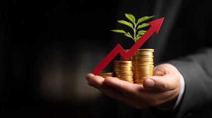 Hand in business suit holding golden coins with plant growing from top and red ascending arrow, symbol of economic progress and financial gain