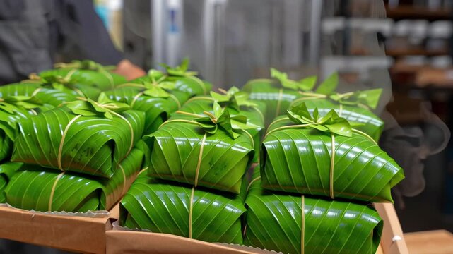 Wrapped green banana leaf food parcels and rice cake parcels tied with twine on trays, handmade savory cake and food parcel rustic presentation