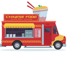 Red Chinese Food Truck with Noodles and Chopsticks on Top Serving Asian Fast Cuisine on a Transparent Background Pixel Art Style
