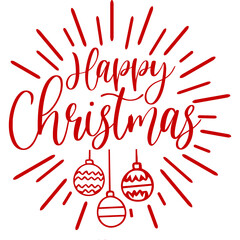 Red Happy Christmas Greeting with Ornaments and Sunburst Effect Transparent Background