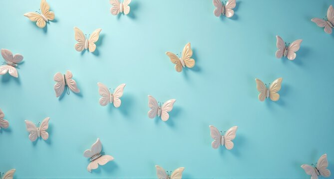 Butterflies, in various poses, adorn a vivid turquoise surface. The wings exhibit subtle color variations. The aesthetic is delicate and nature-inspired, with a sense of effortless beauty.