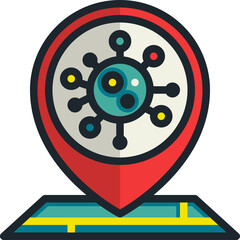 Red Location Pin Icon With Abstract Blue Green Virus Illustration Inside On Transparent Background