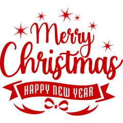 Red Merry Christmas and Happy New Year text with stars and ribbon on transparent background