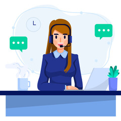 Professional Woman With Headset At Desk Engaged In Customer Service With Laptop And Coffee Cup And Plant In Office Environment