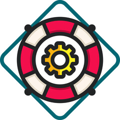 Red and White Lifebuoy With Yellow Gear Icon In Center On Transparent Background Emblematic