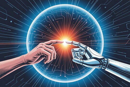 Human Hand and Robot Hand Touching Fingertips with Bright Central Core and Digital Circuitry Pattern Keywords: human, hand, robot, touching, fingers, connection, technology, future, artificial