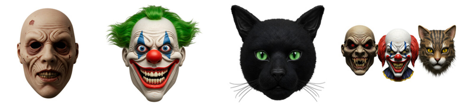 Collection of masks including a zombie a clown and cats with different fur patterns shown together on transparent background