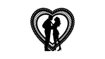 Romantic silhouette of couple in heart frame, perfect for Valentine's Day designs, wedding invitations and anniversary cards, conveying love and togetherness.