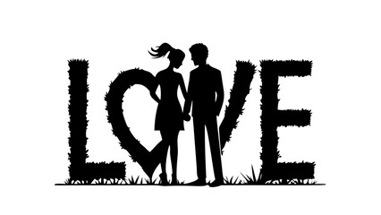 Romantic couple silhouette amidst floral LOVE typography, symbolizing connection and affection for Valentine's Day design projects and heartfelt messages