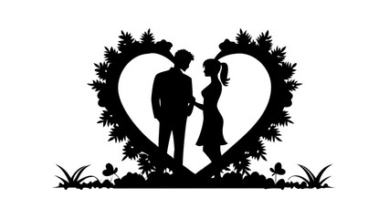 Romantic silhouette of a couple within a heart-shaped floral frame, perfect for Valentine's Day or wedding designs, symbolizing love and togetherness