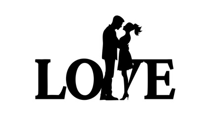 Romantic silhouette of couple embracing stands atop the word LOVE, expressing affection, perfect for Valentine's Day, weddings, and relationship themes