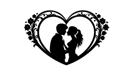 Romantic silhouette of a couple in love embraced inside a floral heart, perfect for weddings, anniversaries, Valentine's Day and heartfelt cards