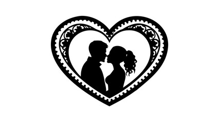 Romantic silhouette of couple in love framed in an ornate heart, perfect for Valentine's Day designs and wedding invitations with an elegant touch.