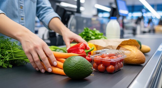 Woman putting fresh healthy groceries on checkout conveyor belt at a supermarket.
