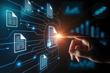 Close-up of a finger touching a glowing document icon within a digital network of files and security locks