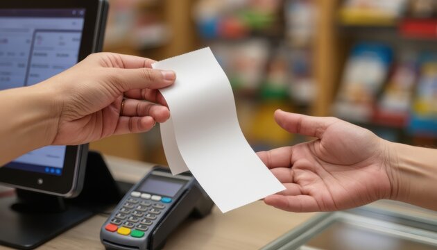 Cashier hand giving blank paper receipt to customer after payment at store.