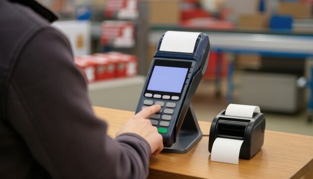Person entering pin on pos terminal for card payment at retail checkout.