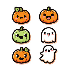 Smiling Pumpkins and Floating Ghosts Vector Illustration Set for Halloween