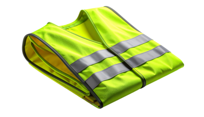 High Visibility Safety Vest with Reflective Strips. Folded Neon Yellow PPE on Black Background. Essential Personal Protective Equipment for Construction, Road Work & Workplace Safety.
