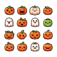Adorable Kawaii Pumpkins and Ghosts Vector Set with Soft Outline Design
