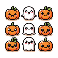 Cute Halloween Pumpkin and Ghost Vector Icons for Posters and Invitations