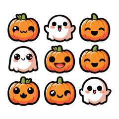 Playful Halloween Pumpkins and Ghosts Vector Illustration with Smiling Faces