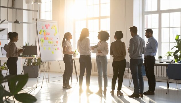 Diverse group of business professionals collaborating during a sunlit morning meeting in a modern office workspace