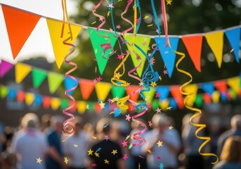 Vibrant bunting and streamers adorn a lively outdoor celebration gathering