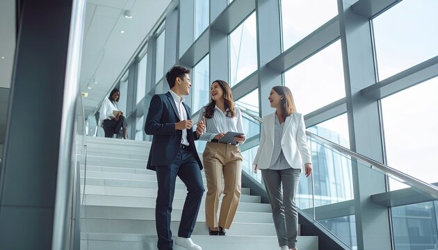 Three diverse business professionals ascending a modern staircase, engaging in a collaborative discussion with smiles and tablets