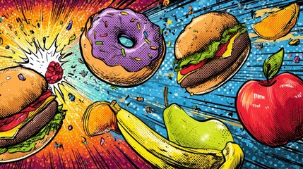 Illustration of Burgers, Donut, Fruits, and Raspberry