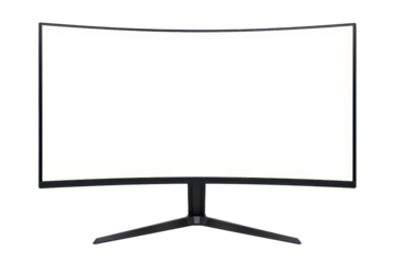 Curved black gaming monitor with empty white display, modern computer screen isolated background