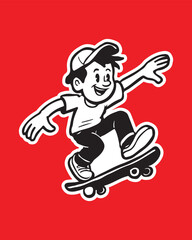 Fun cartoon of a boy skateboarding, perfect for youth brands, summer promotions, and active lifestyle content, with a cool retro vibe and bold style