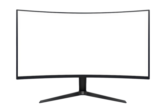 Curved black gaming monitor with empty white display, modern computer screen isolated background