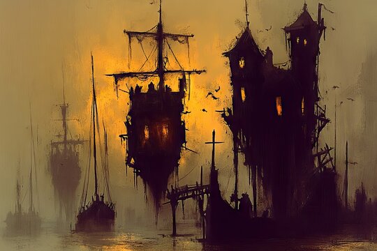 Silhouetted ships and a dark castle on a foggy sea at sunset